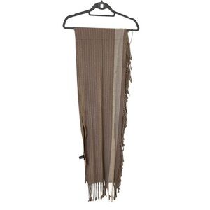 Banana Republic long tan & cream striped lambswool scarf w/ fringe on one side